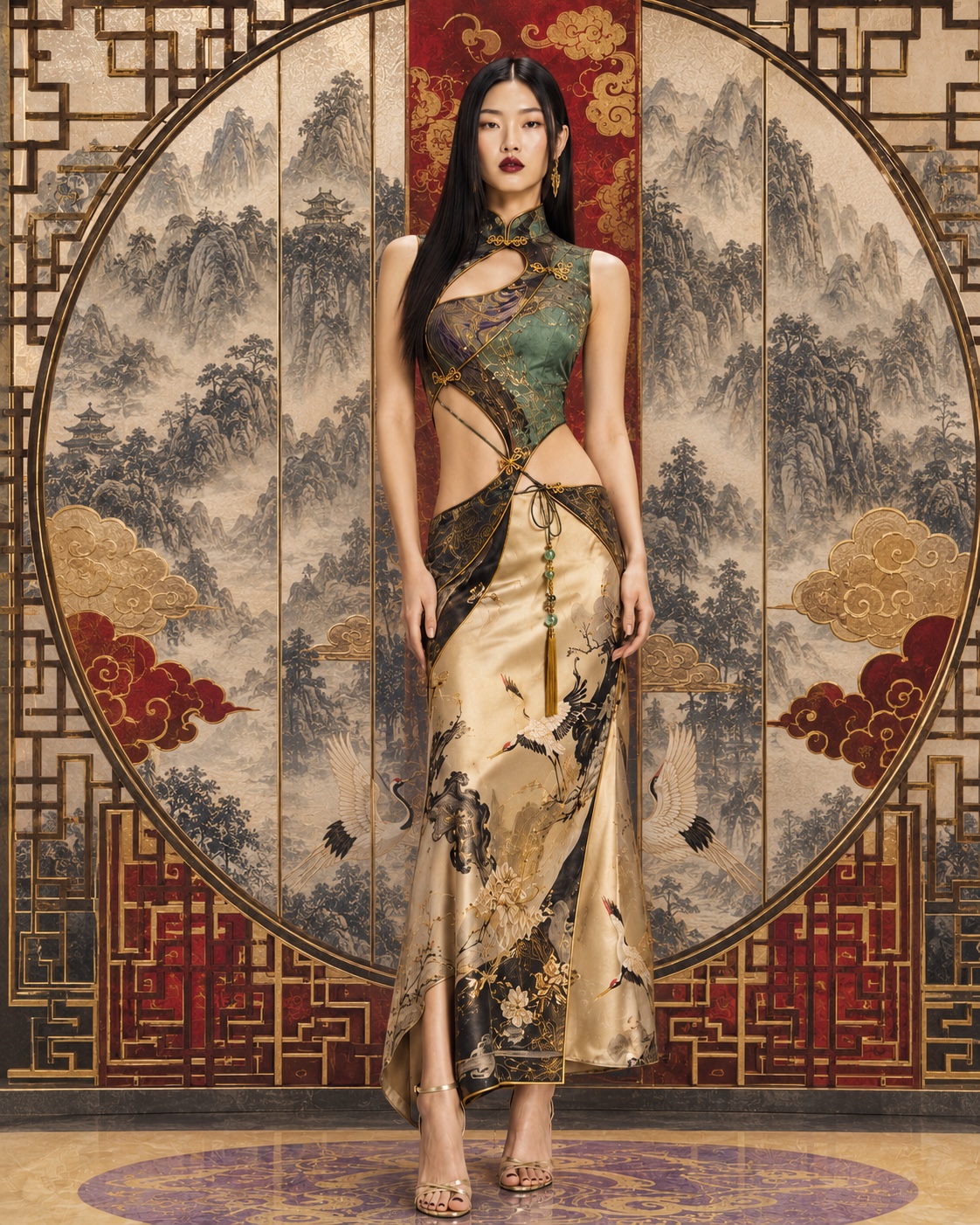 Editorial couture portrait with ornate Chinese patternwork and gold accents.