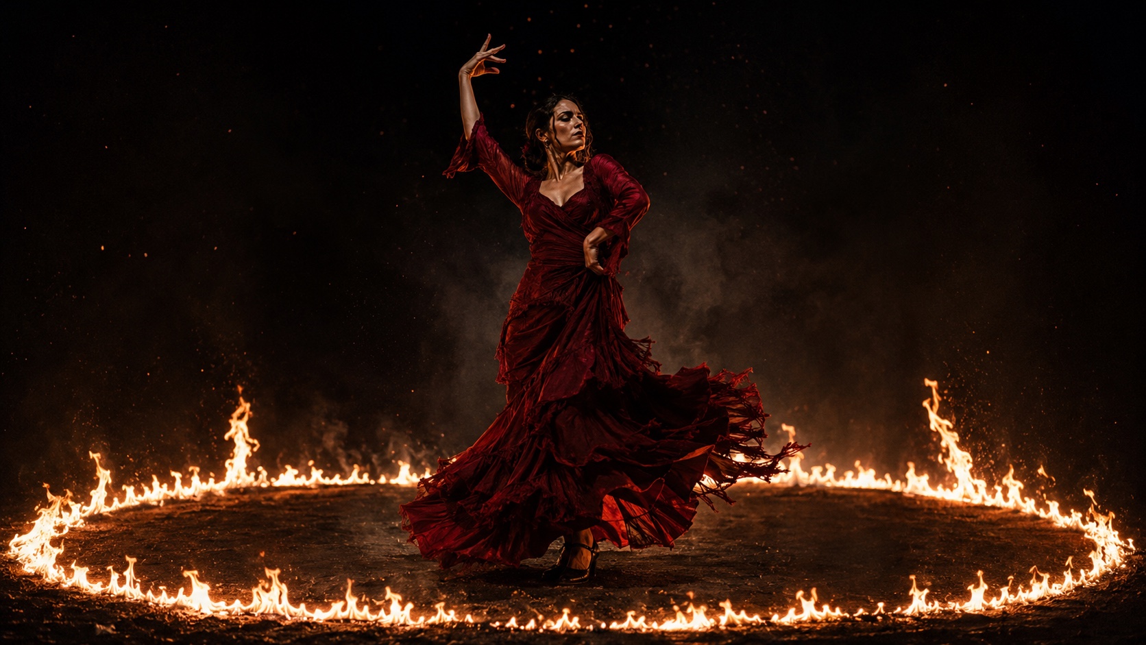 A flamenco dancer in a red dress performs inside a circle of fire.